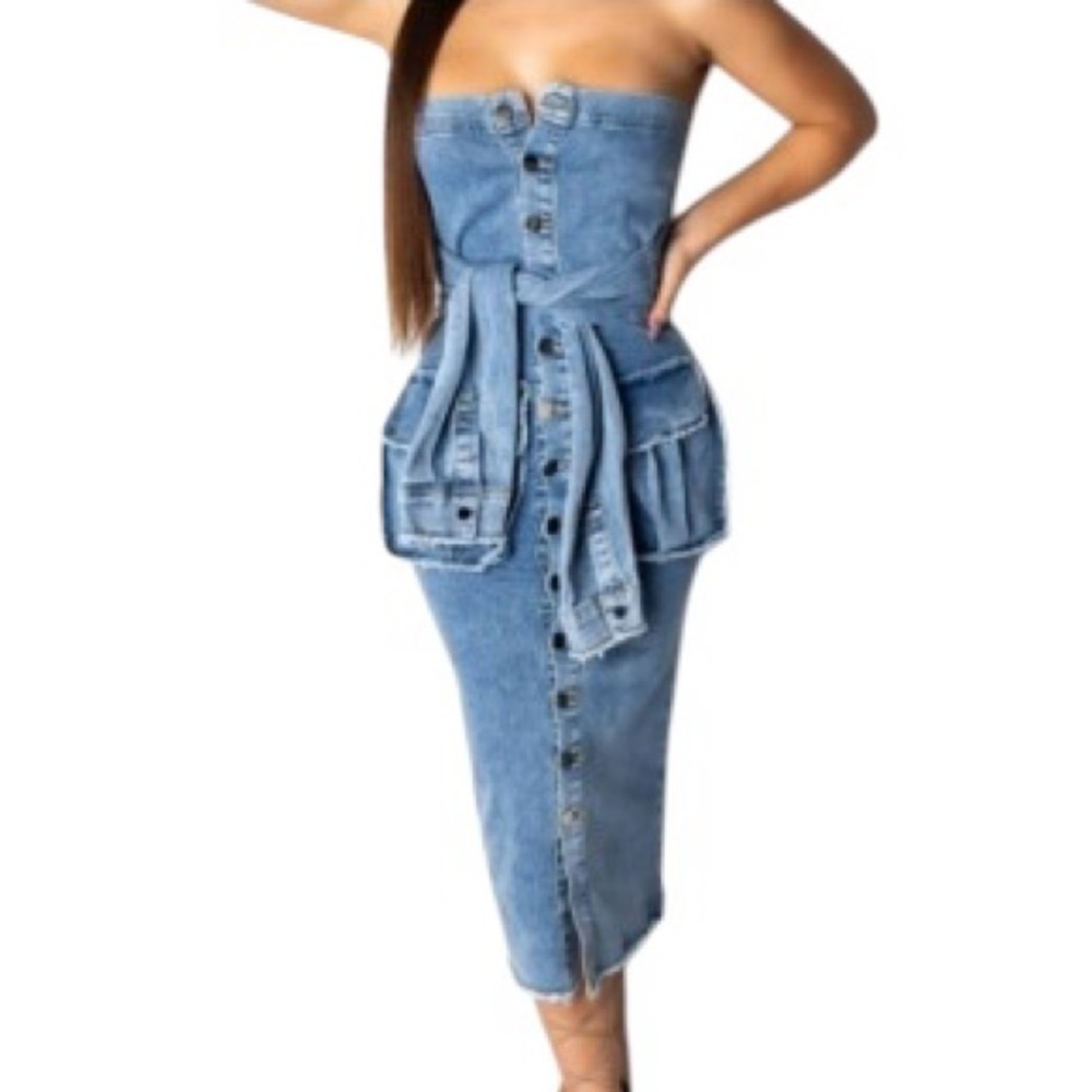 My Boo Denim Strapless Cargo Midi Dress Y2K Utility Tube Dress Women’s Medium